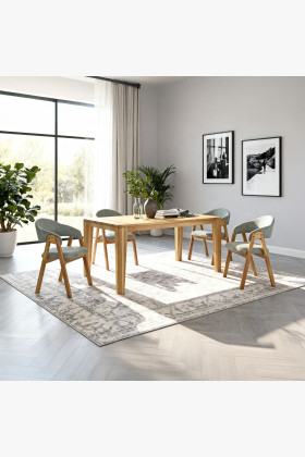 Tömör tölgyfa étkezőasztal 200x100 cm + 4 mentaszürke kárpitozott szék